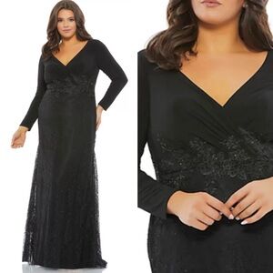 MAC DUGGAL Wrap Over Long Sleeve Lace Applique Trumpet Gown NEW Size 18W Black